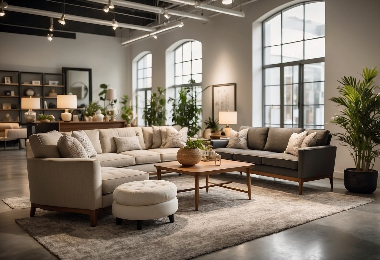 A well-organized display of furniture with a "Frequently Asked Questions" sign. Simple, modern designs are showcased in a bright, spacious showroom
