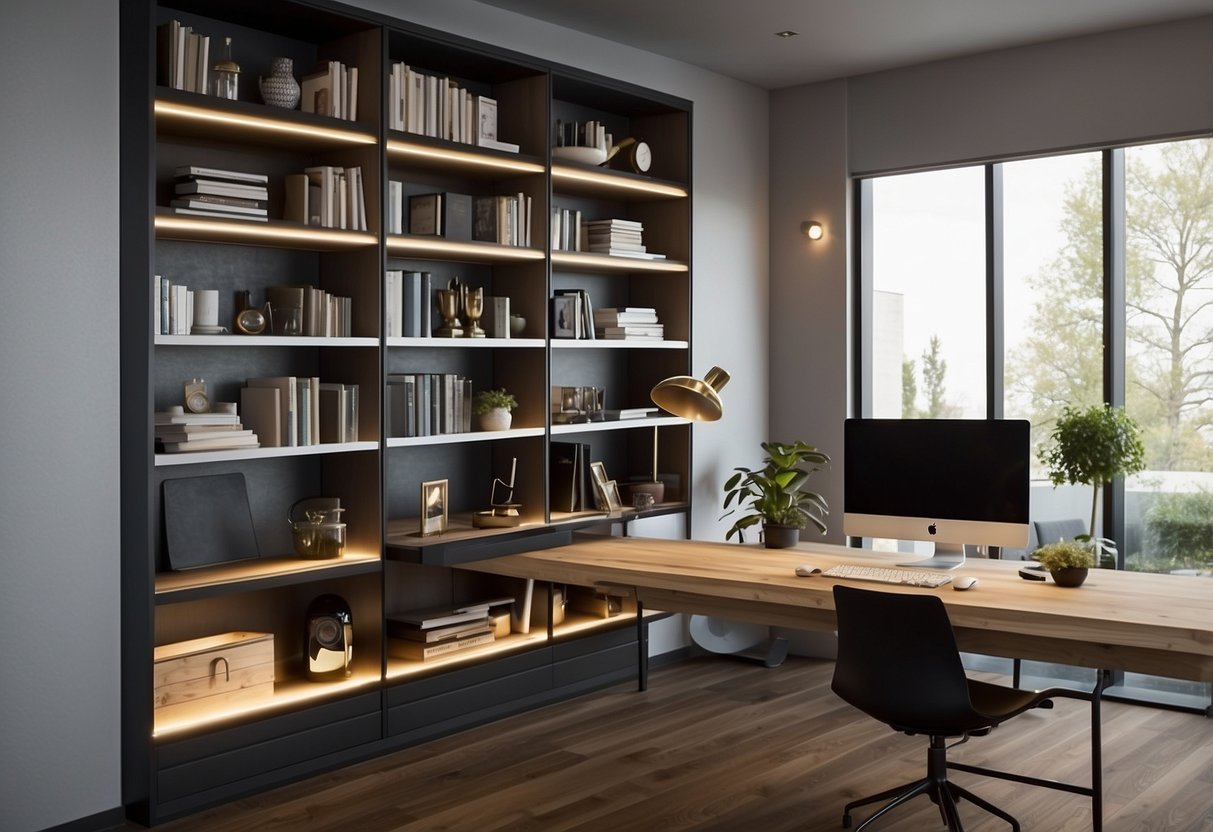 A bookshelf transforms into a desk, with a hidden pull-out surface and storage compartments