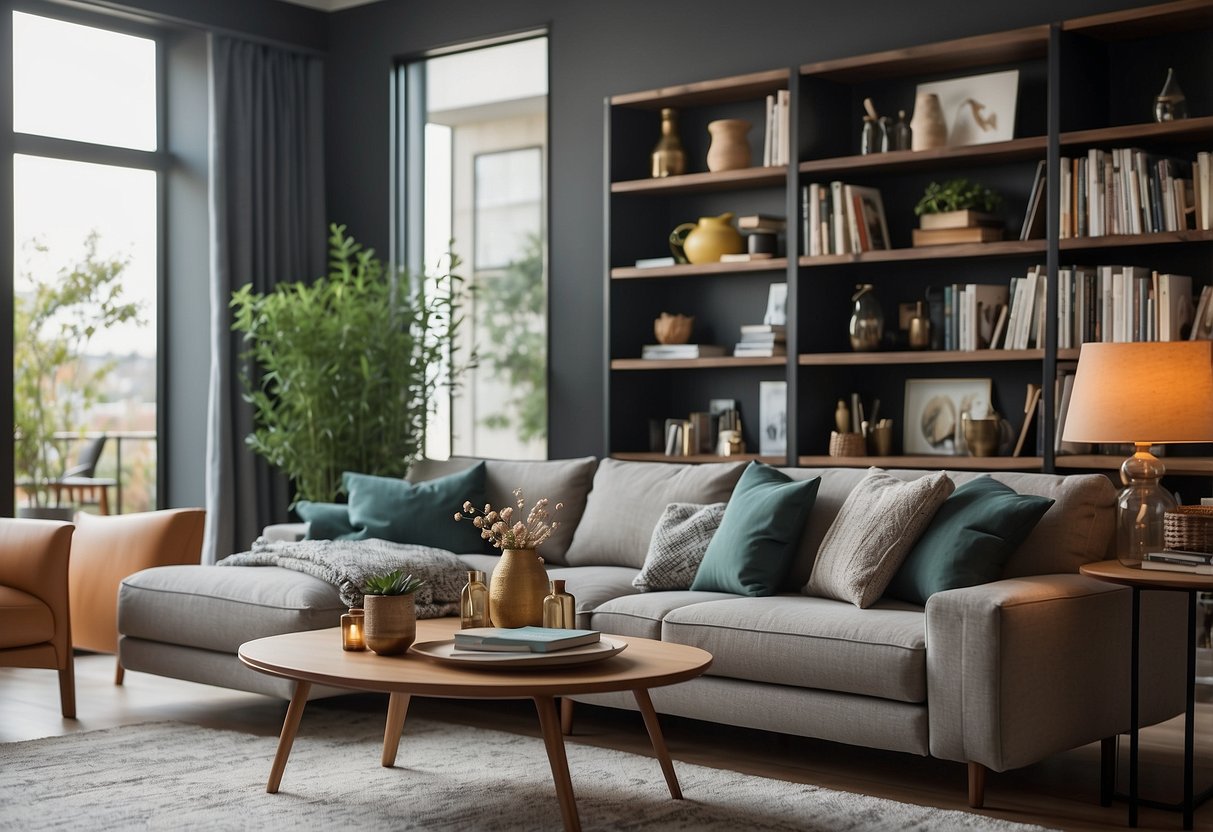 A cozy living room with a modern Defu furniture set, including a comfortable sofa, stylish coffee table, and elegant bookshelves