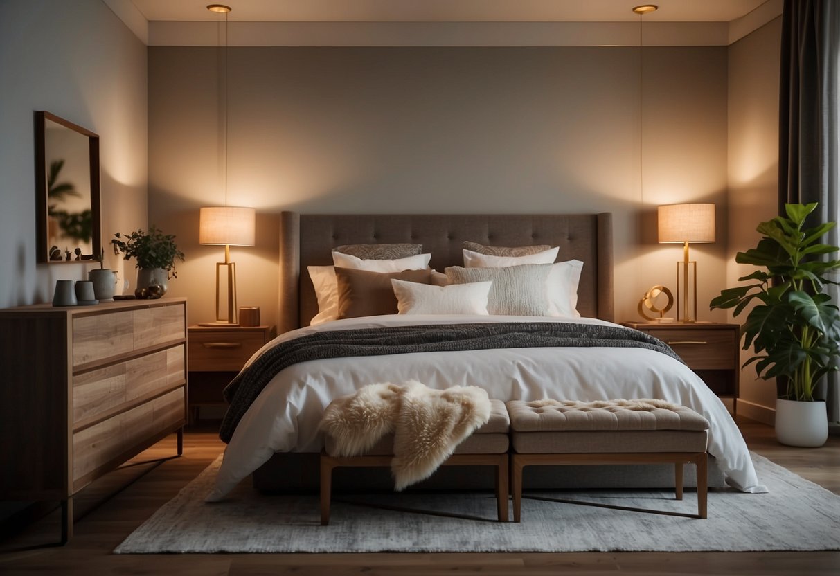 A cozy bedroom with a large bed, nightstands, a dresser, and a mirror. The room is illuminated by a soft bedside lamp, casting a warm glow