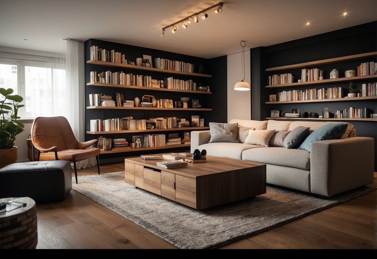A living room with a sofa that transforms into a bed, a coffee table with hidden storage, and a bookshelf that doubles as a room divider