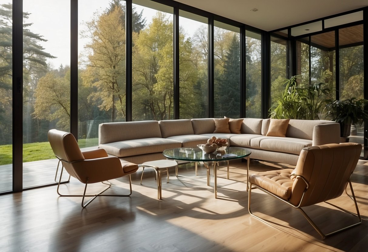 A modern living room with Dauphin furniture: sleek chairs, a minimalist sofa, and a glass coffee table. The room is bathed in natural light from large windows, with a view of a lush garden outside