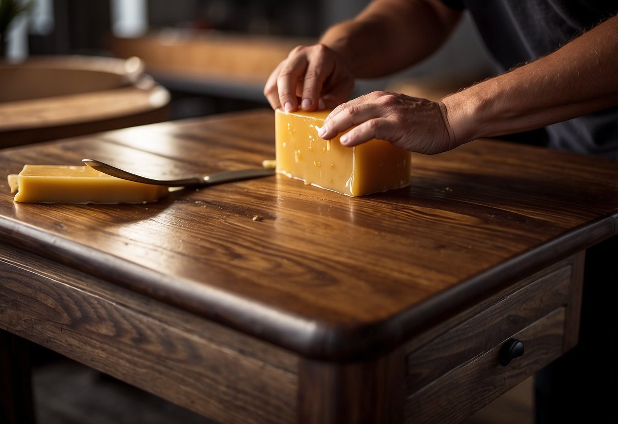 A wooden table is being polished with homemade beeswax polish, giving it a natural shine and protection