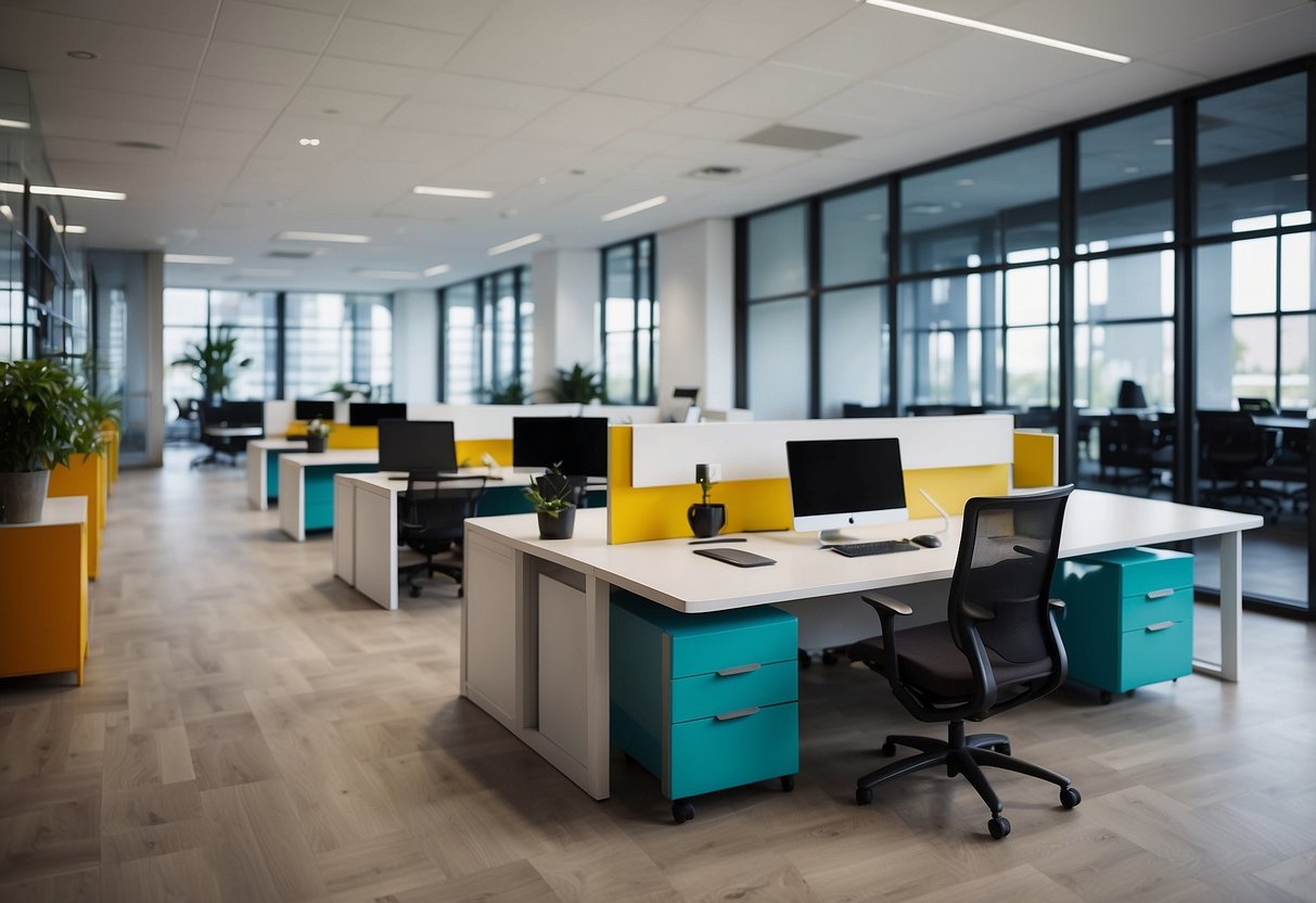 A modern, open-plan office with sleek, ergonomic furniture and vibrant pops of color. Clean lines and innovative design elements are evident throughout the space