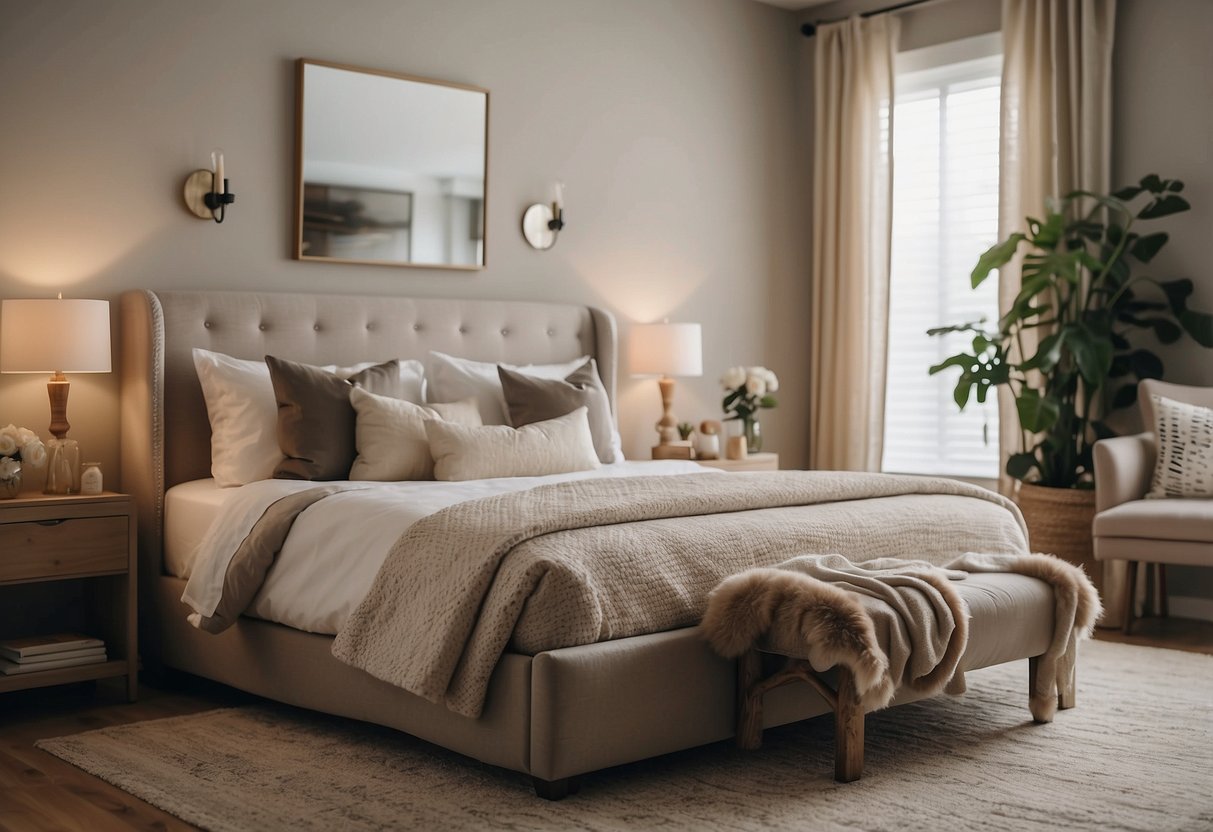A cozy bedroom with a large, comfortable bed, a matching set of nightstands, and a stylish dresser with a mirror. The room is well-lit and decorated with soft, neutral colors