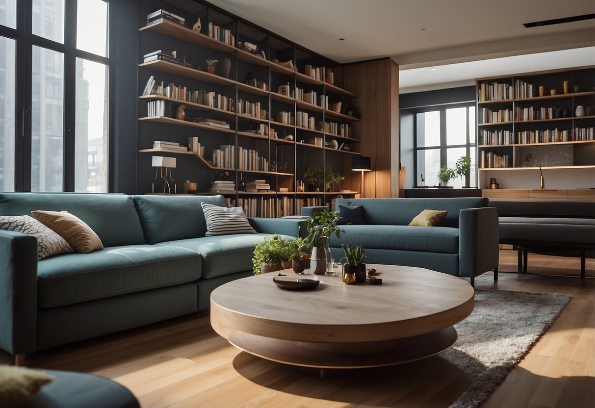 A living room with a sofa that transforms into a bed, a coffee table with hidden storage, and a bookshelf that doubles as a room divider