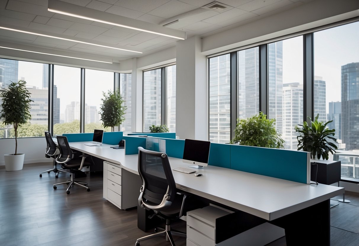 A modern office with adjustable furniture and ergonomic designs. Open layout, natural light, and comfortable seating. Incorporate Dauphin furniture