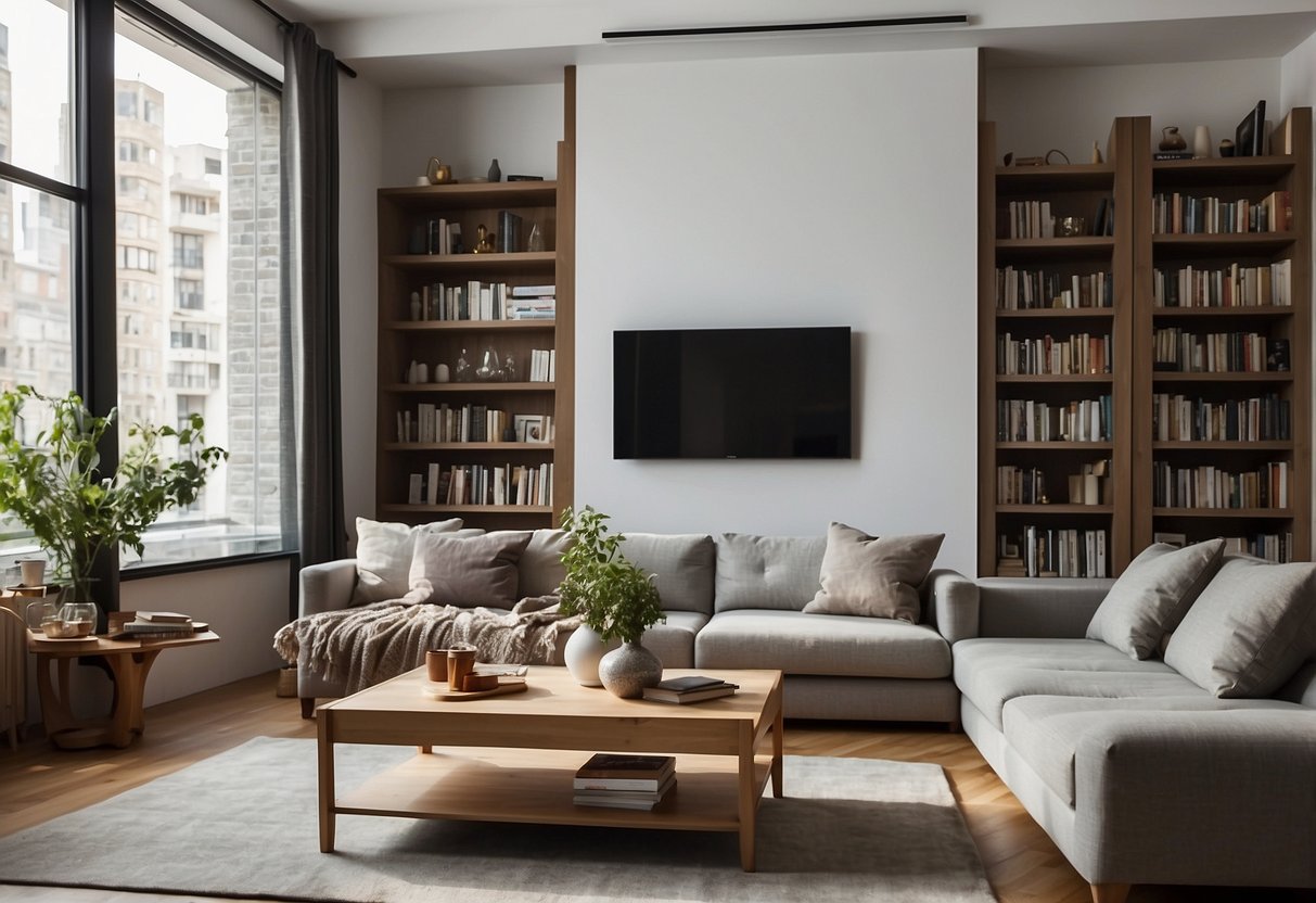A living room with a sofa that transforms into a bed, a coffee table with hidden storage, and a bookshelf that doubles as a room divider