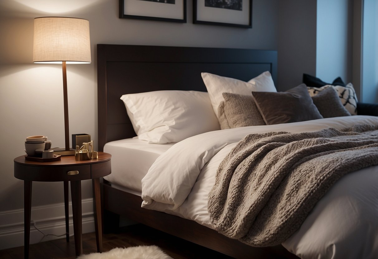 A neatly made bed with fluffy pillows, a sleek nightstand with a reading lamp, and a cozy armchair in the corner. A rug adds warmth to the hardwood floor, and a framed artwork hangs above the bed