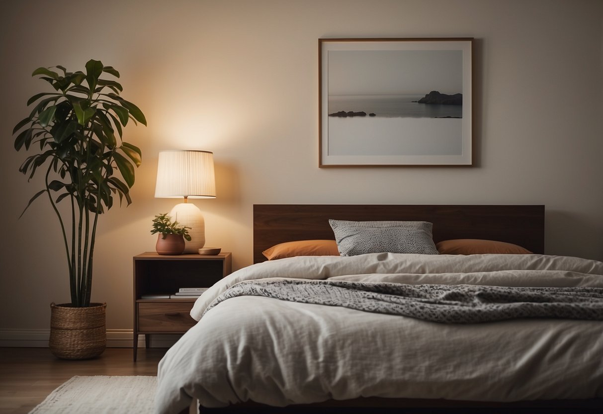 A cozy bedroom with a neatly made bed, a nightstand with a lamp, and a dresser with a mirror. A stack of books and a potted plant add a touch of homeliness