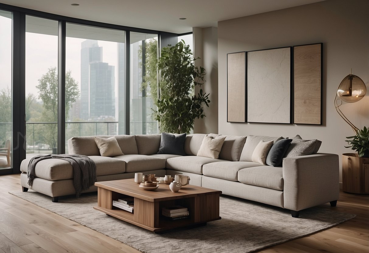 A modern living room with Diethelm furniture, featuring sleek lines and neutral colors, with a combination of wood and metal materials