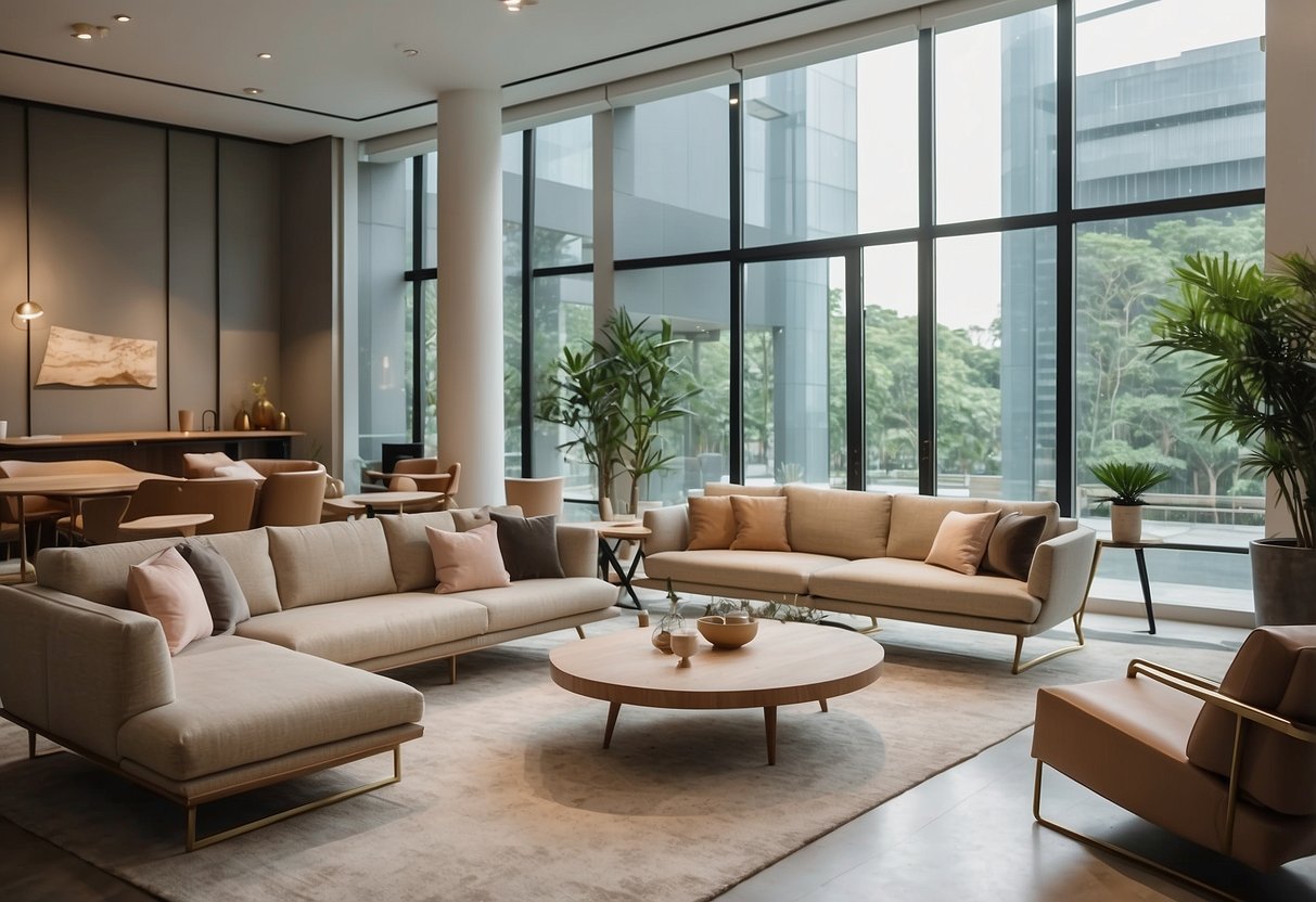 A spacious showroom with modern furniture displays, natural lighting, and minimalist decor at Diethelm Furniture Pte Ltd