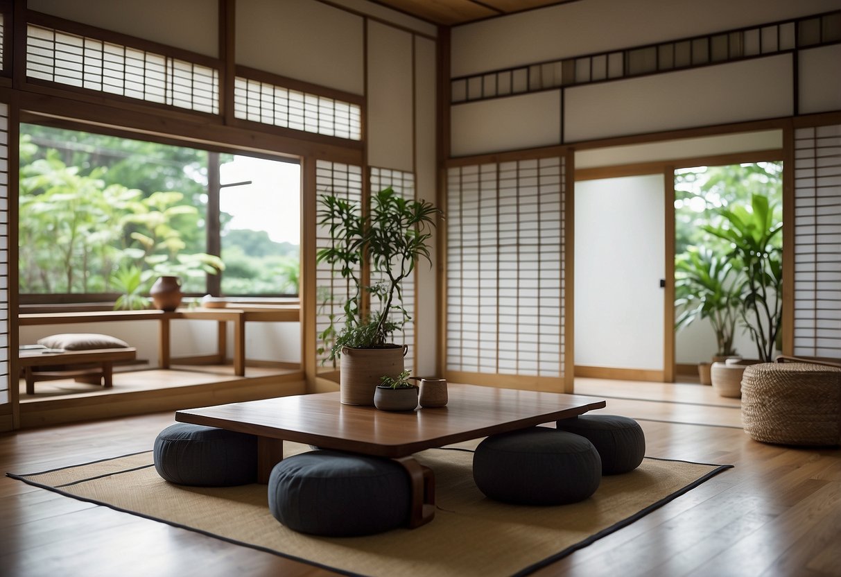 A serene tatami room with low wooden tables, floor cushions, and sliding shoji screens in a minimalist Japanese-style home in Singapore