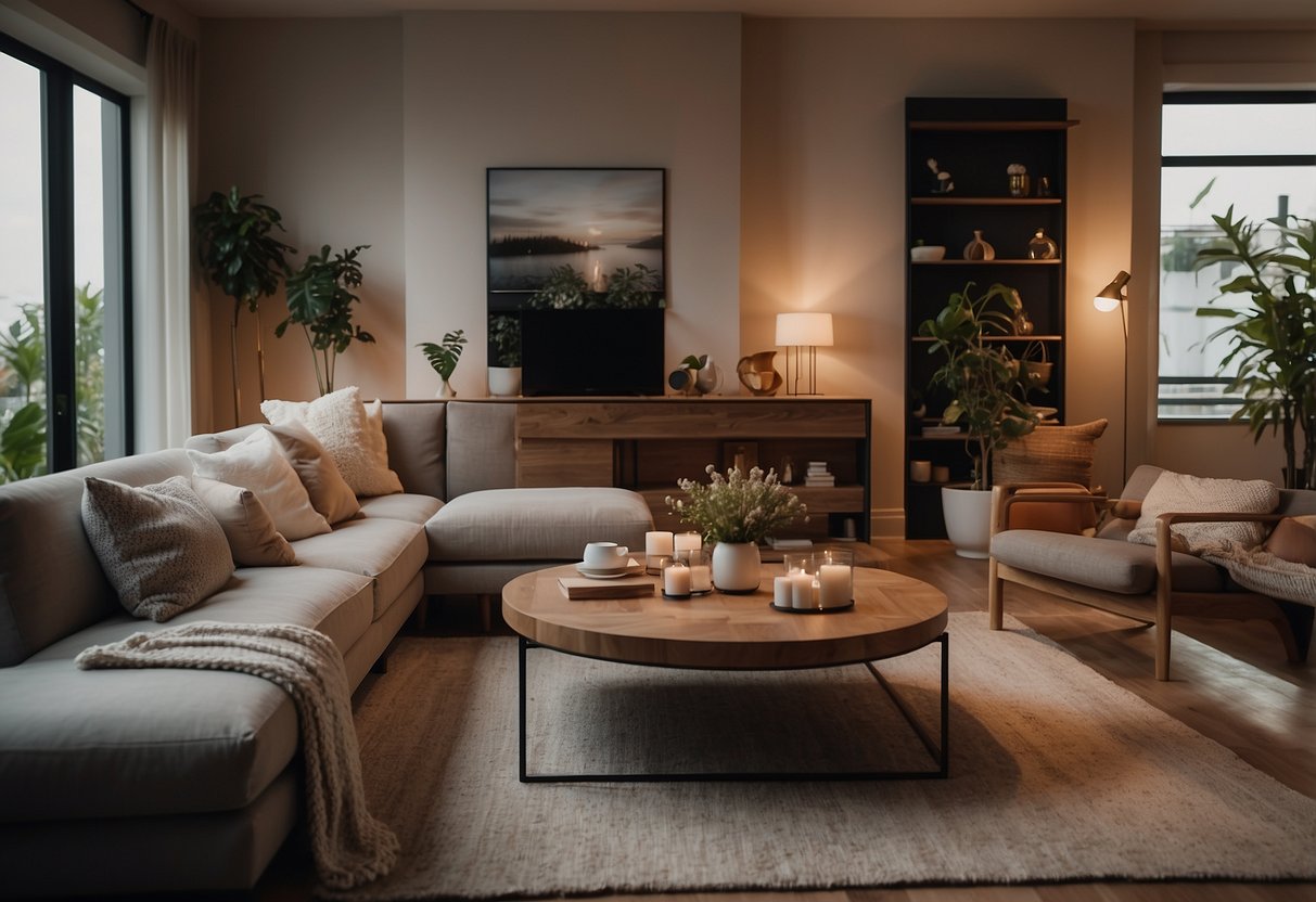 A cozy living room with Diethelm furniture, warm lighting, and a welcoming atmosphere. A customer engages with the brand through comfortable seating and stylish decor