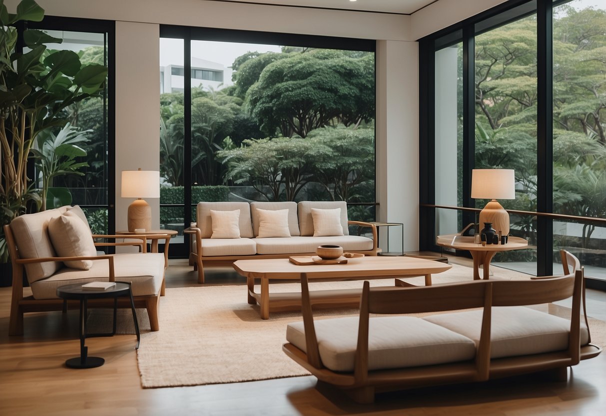 A serene Japanese furniture showroom in Singapore, with minimalist designs and natural materials, exuding a sense of tranquility and elegance