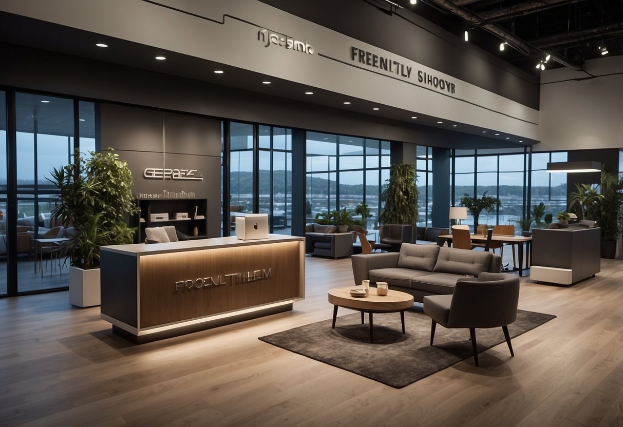 A modern showroom with sleek furniture displays and a sign reading "Frequently Asked Questions diethelm furniture" above a customer service desk