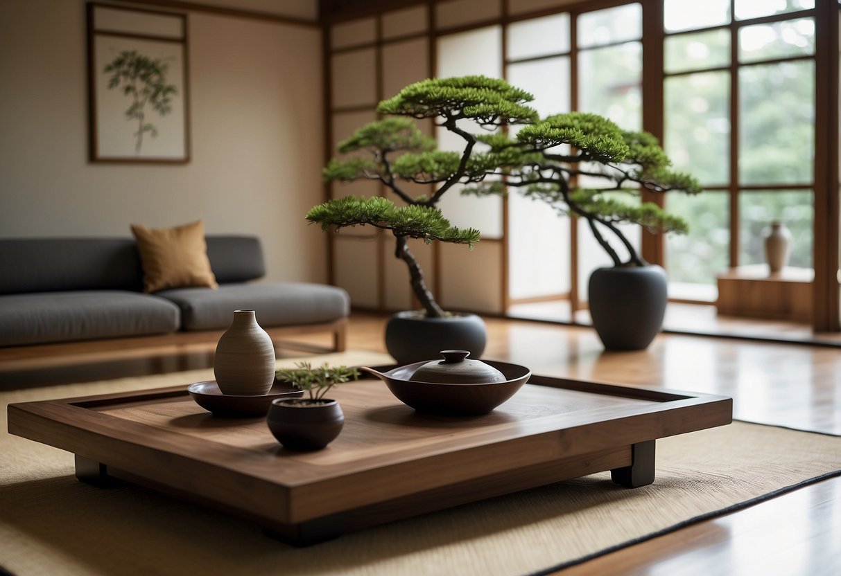 A serene living room with low, minimalist Japanese furniture, tatami mats, and sliding shoji screens, accented with bonsai trees and ikebana arrangements