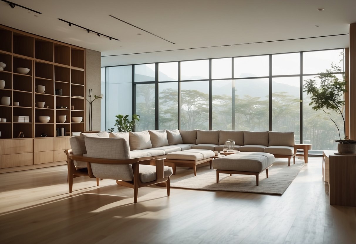 A serene showroom with sleek, minimalist Japanese furniture displayed in an organized and inviting manner. Soft natural light filters through the space, highlighting the clean lines and elegant craftsmanship of the furnishings