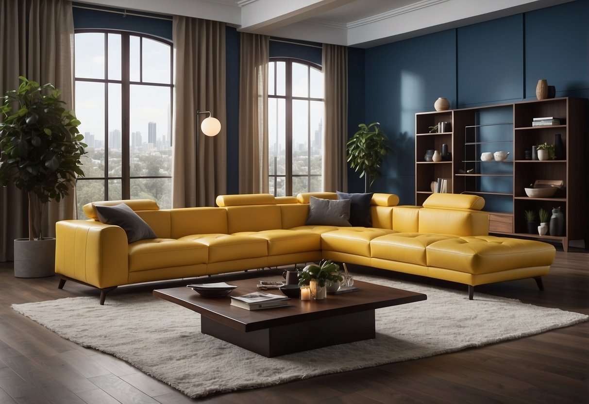 The furniture is arranged in a dynamic and asymmetrical manner, with angular lines and bold colors creating a sense of movement and energy