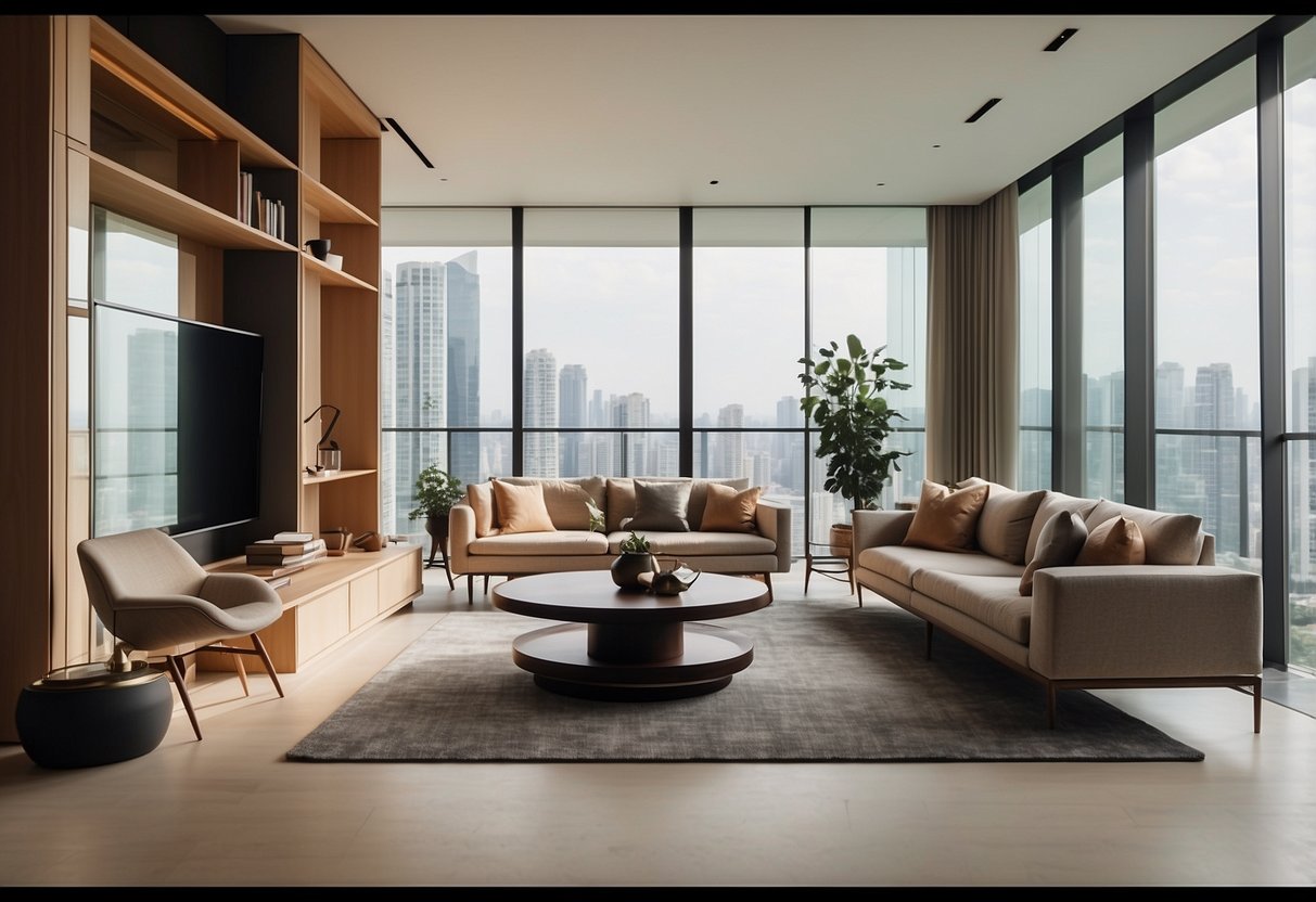 A modern living room with sleek, minimalist furniture from Originals Singapore. Clean lines, natural materials, and a neutral color palette create a sophisticated and inviting space