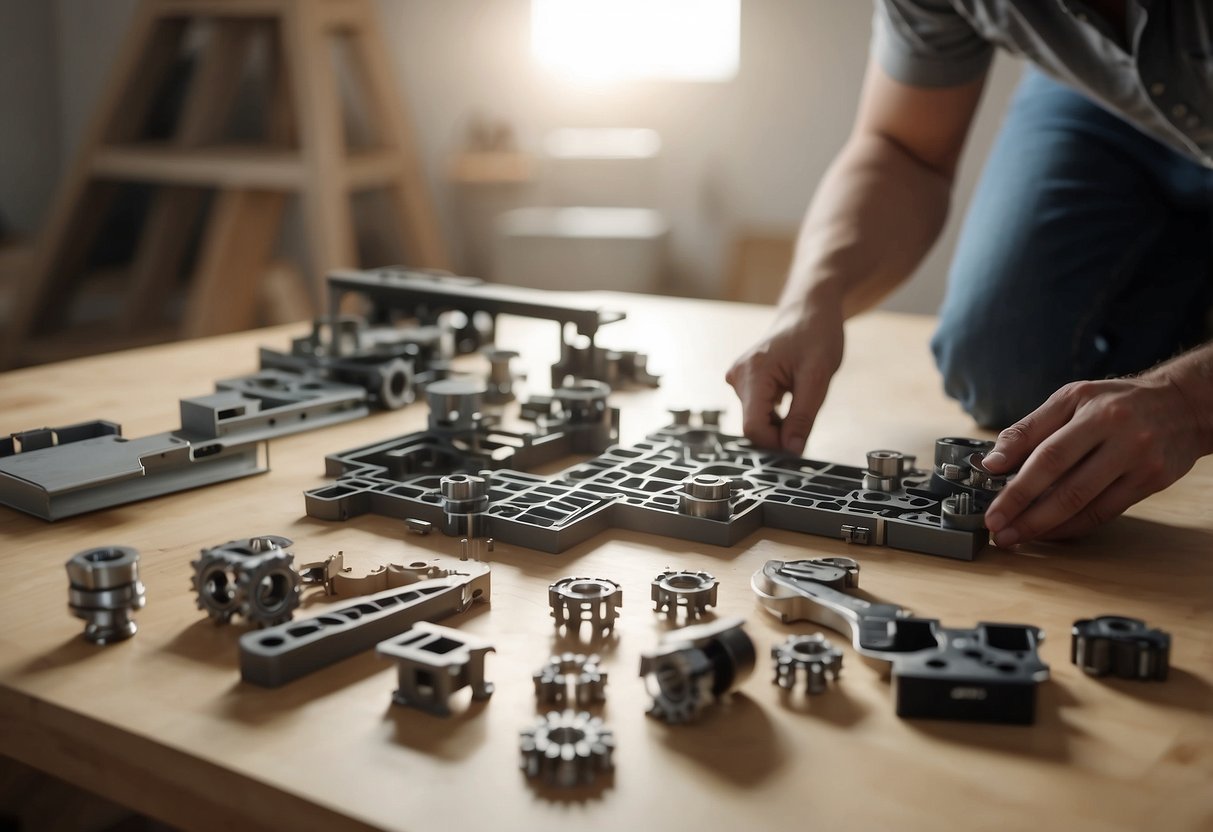A person follows step-by-step instructions to assemble modular furniture pieces in a well-lit room with tools and parts spread out on the floor