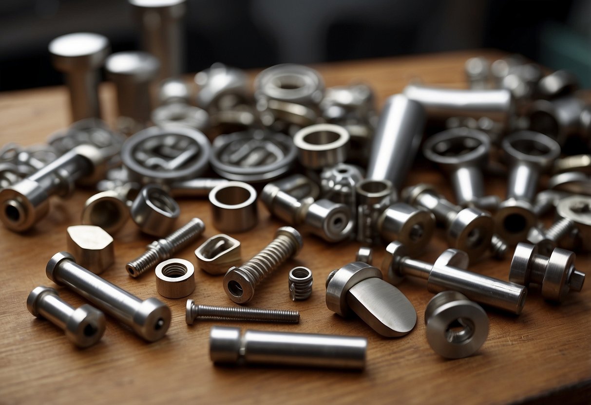 Various furniture fittings arranged on a workbench: handles, knobs, hinges, screws, and brackets