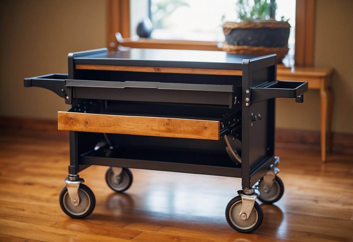A table with drawer slides, hinges, and knobs. A chair with casters and a swivel base. Shelves with shelf brackets and support pins
