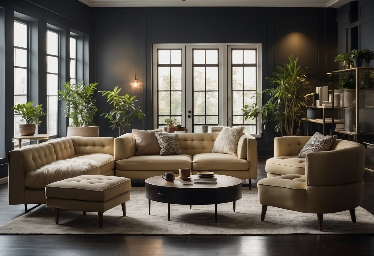 A room filled with modern, versatile furniture pieces. Customers interact with the items, showcasing their flexibility and functionality