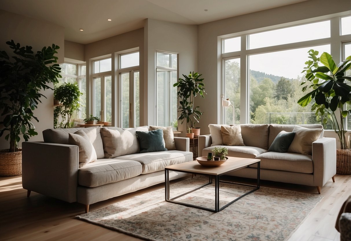 A cozy living room with a modern sofa, coffee table, and soft rug. Brightly lit with natural light from large windows