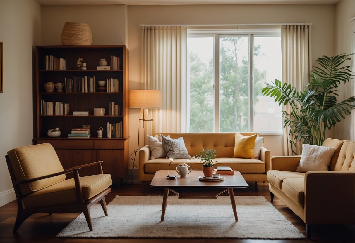 A room with mid century reproduction furniture, including a sofa, coffee table, and armchair. A bookshelf and side table complete the scene