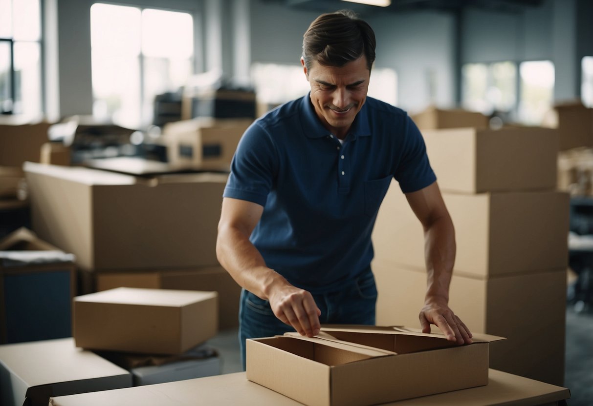 A person carefully unboxes and assembles a new piece of furniture, then cleans and polishes it to maintain its pristine condition
