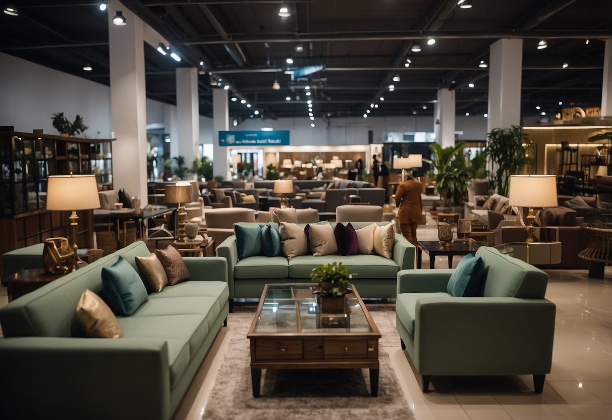 A busy furniture shop in Johor Jaya with customers browsing and staff assisting. Displays of sofas, tables, and chairs fill the showroom