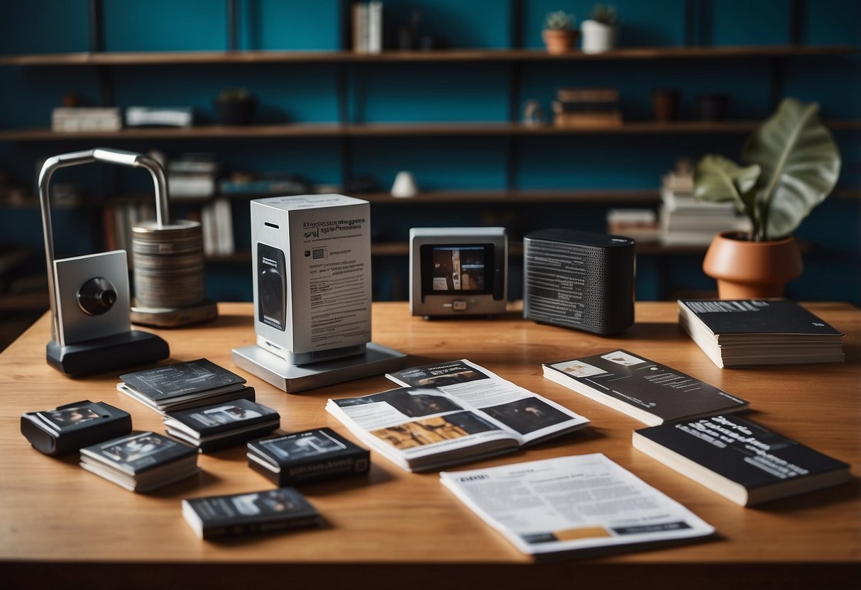 A table with various furniture fittings displayed, surrounded by a stack of FAQ pamphlets