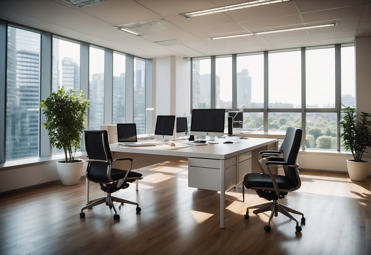 A modern office with sleek ergonomic furniture arranged in a spacious, well-lit room. The desk and chairs are designed for comfort and efficiency