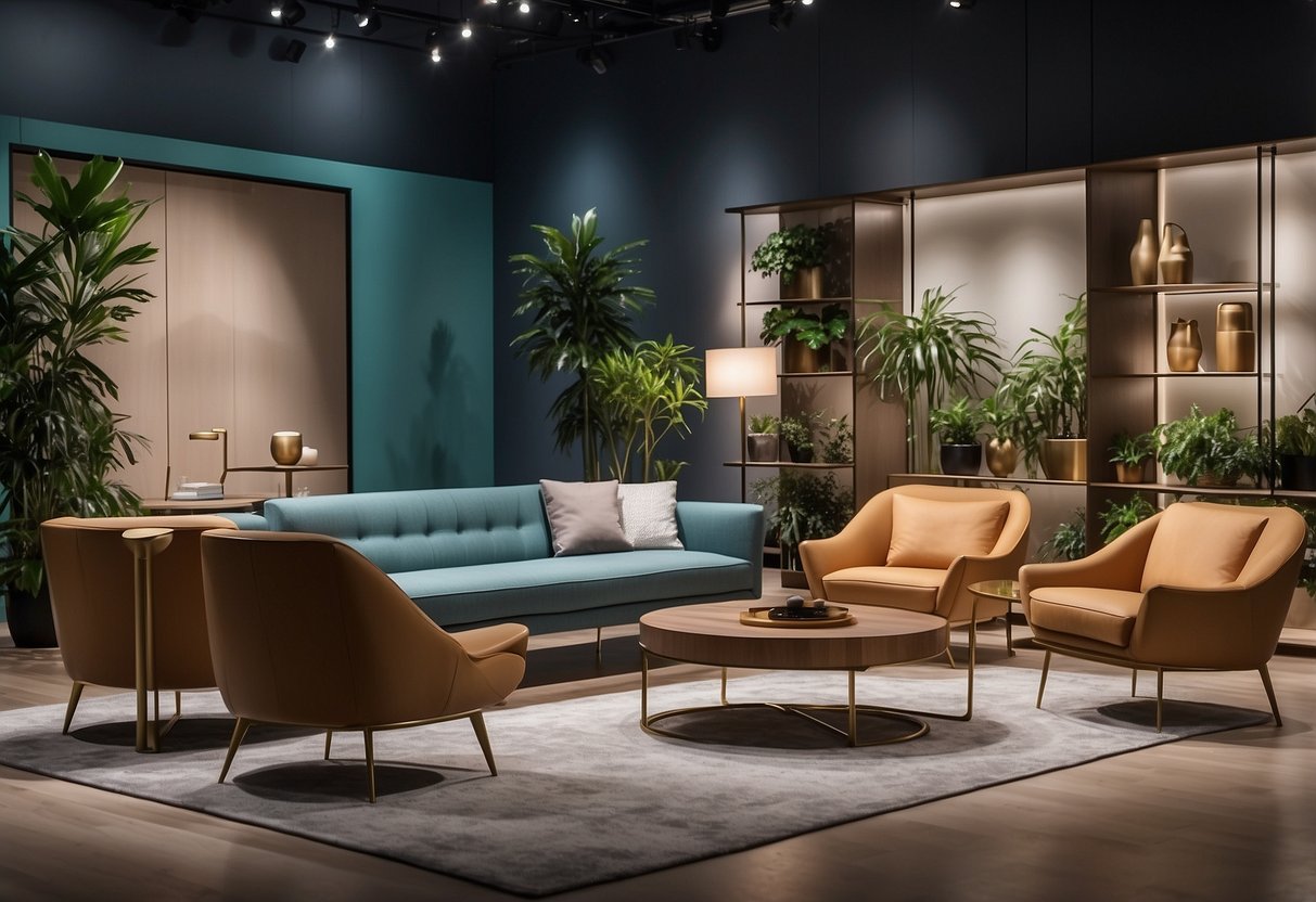 A modern furniture showroom in Singapore with a display of unique and original pieces. Bright lighting and clean, minimalist design
