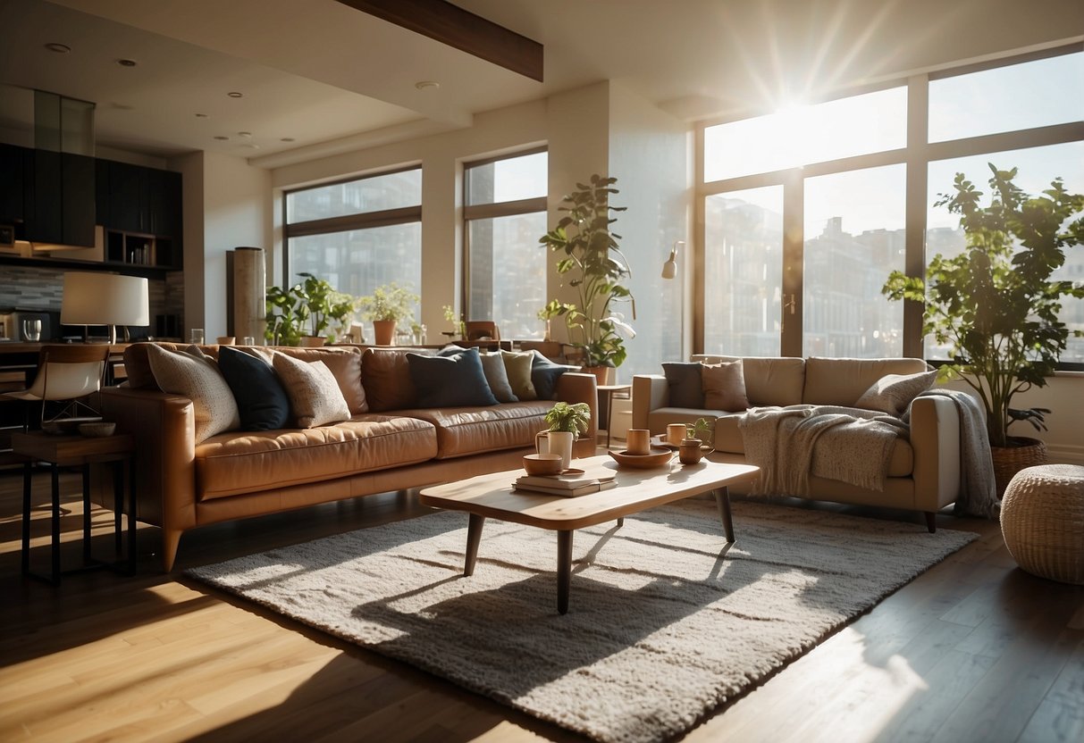 A cozy living room with modern furniture and a large, comfortable sofa. Bright sunlight streams in through the window, casting warm shadows on the floor