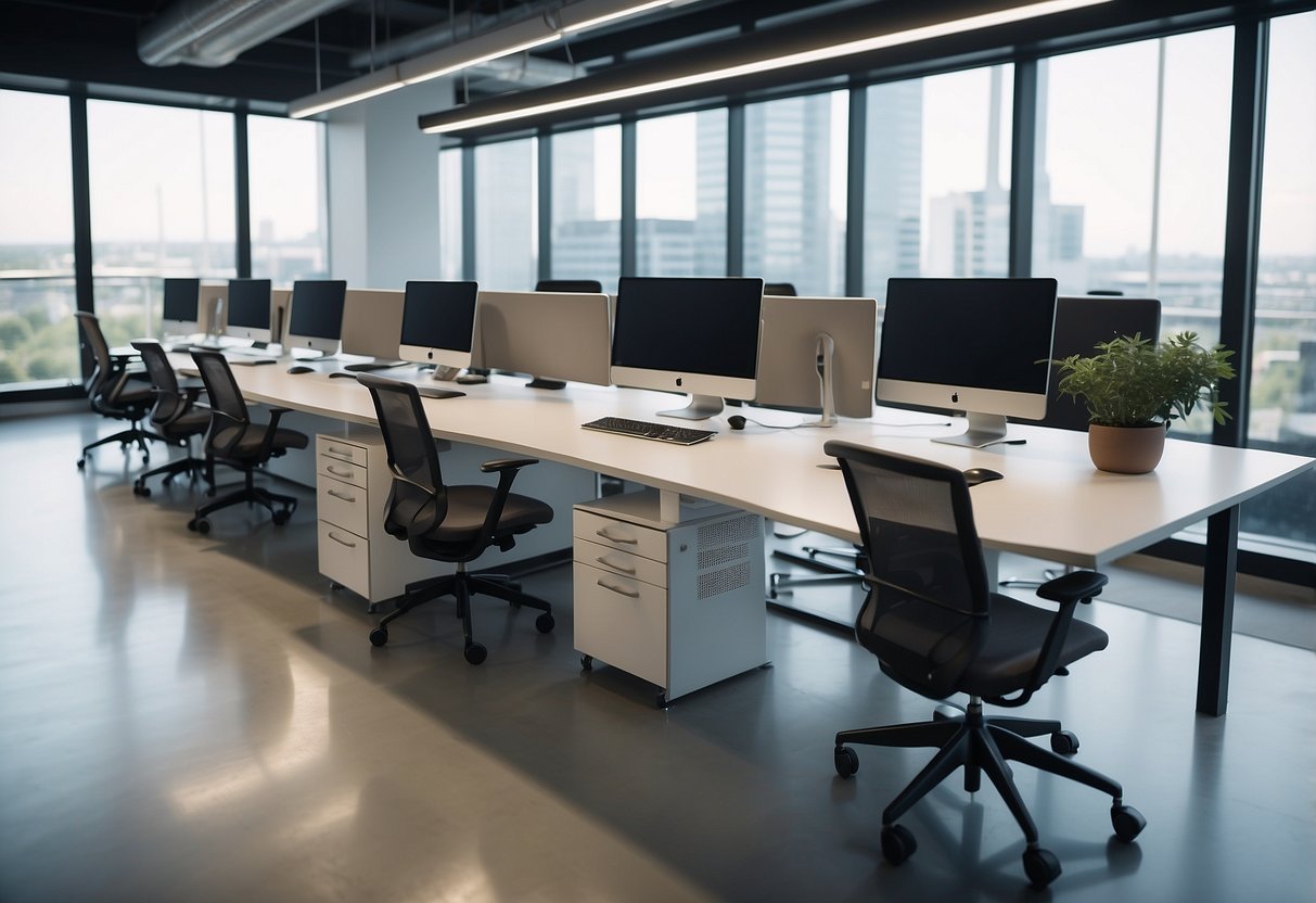A modern office with adjustable desks, ergonomic chairs, and standing workstations. Bright, spacious, and organized with minimalistic design
