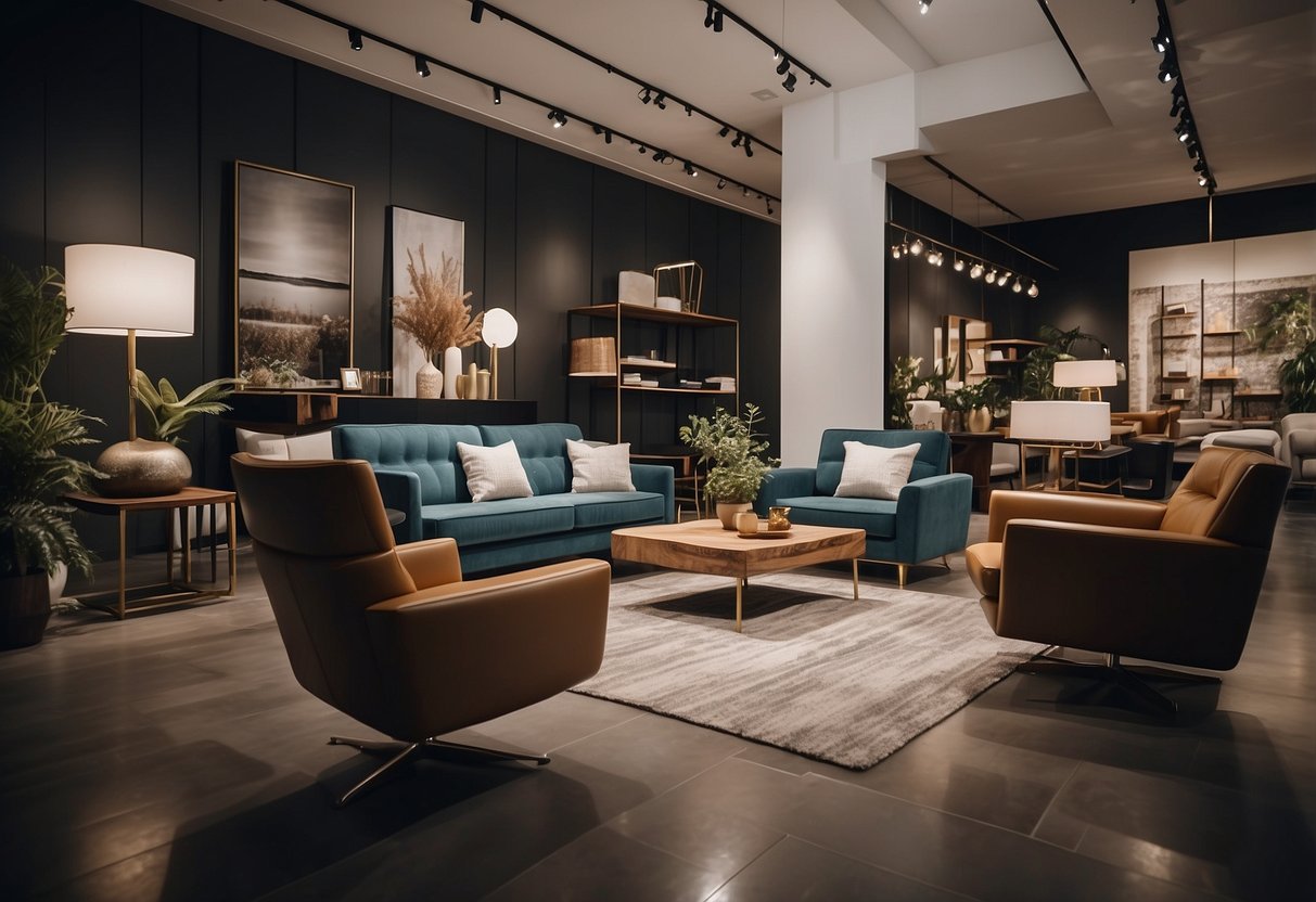 A showroom filled with modern furniture displays, with customers browsing and admiring the sleek designs and quality craftsmanship