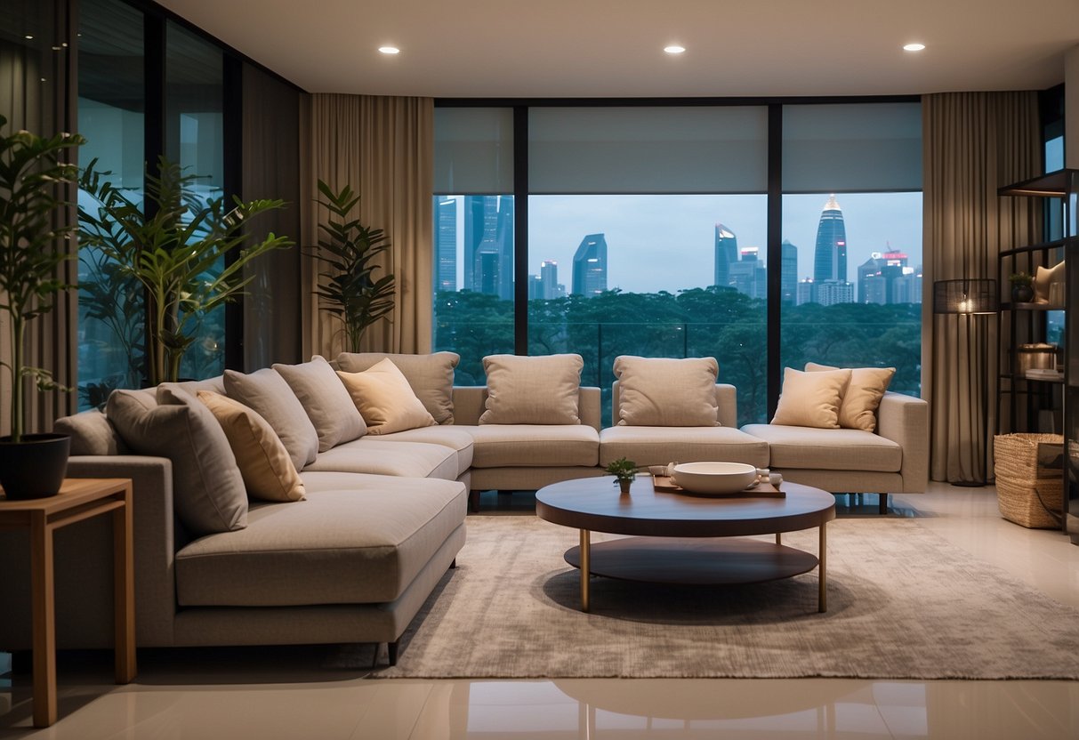 A cozy living room with modern, evergreen furniture in Singapore. Clean lines, neutral colors, and natural materials create a welcoming and timeless atmosphere