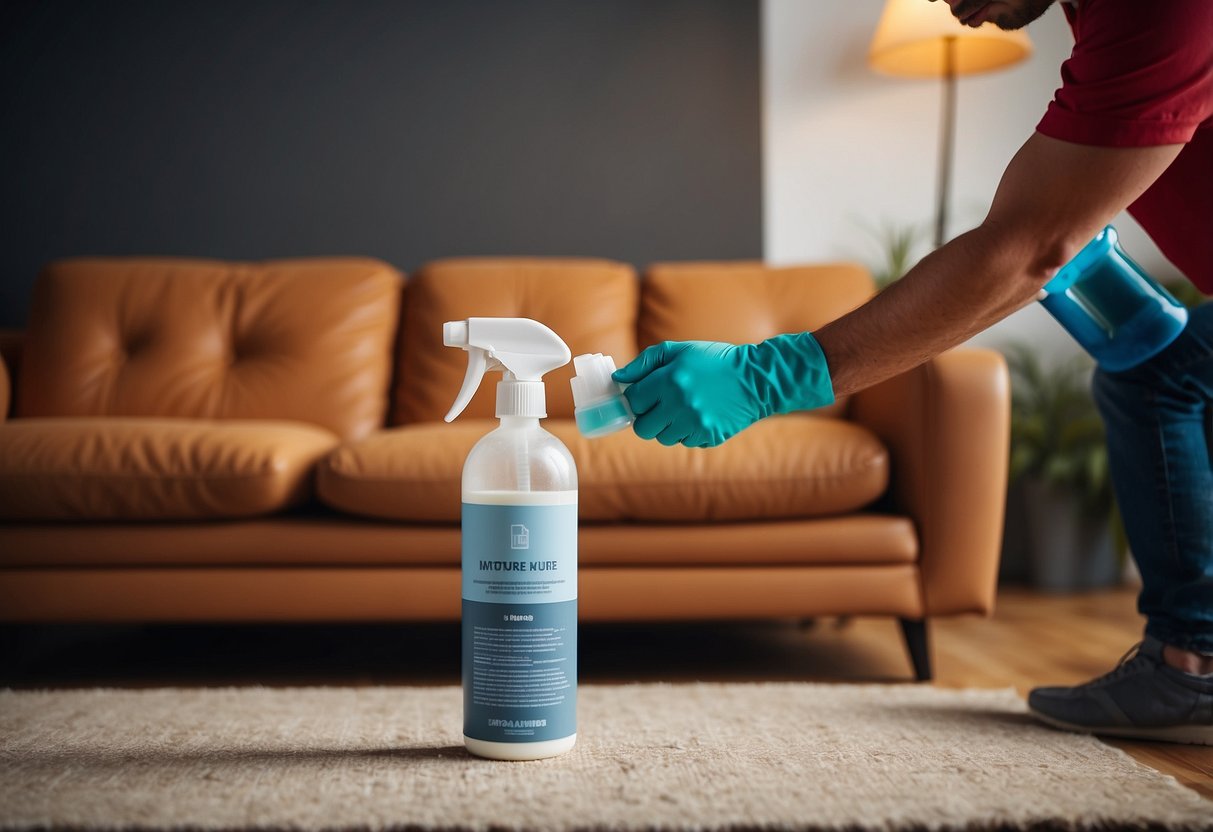 Furniture mite spray being applied to a couch and rug, with a clear label and instructions visible on the bottle