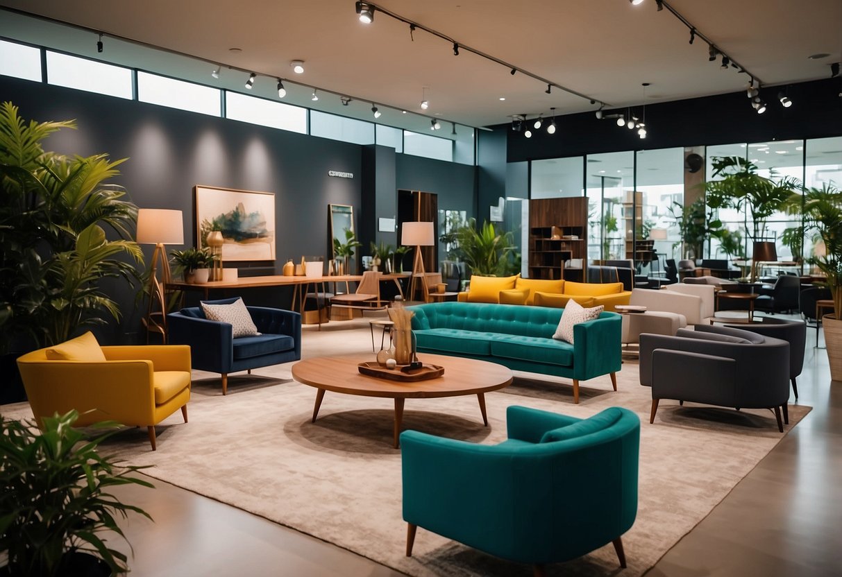 Customers browse modern furniture at Evergreen Furniture in Singapore. The showroom features sleek designs and vibrant colors