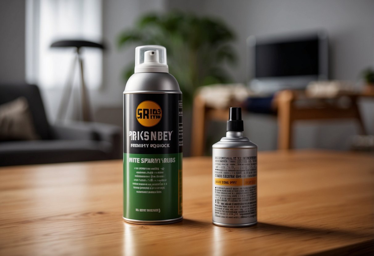 A can of mite spray sits on a wooden table surrounded by various pieces of furniture. The label prominently displays "Frequently Asked Questions" for easy reference