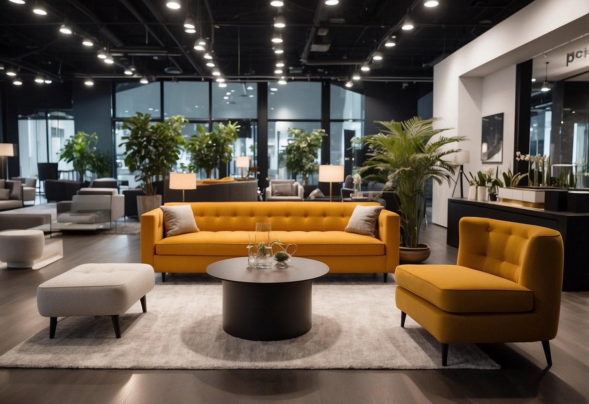 A modern showroom with sleek furniture displays and a bold "FC Furniture" logo. Bright lighting and clean lines create a professional and inviting atmosphere