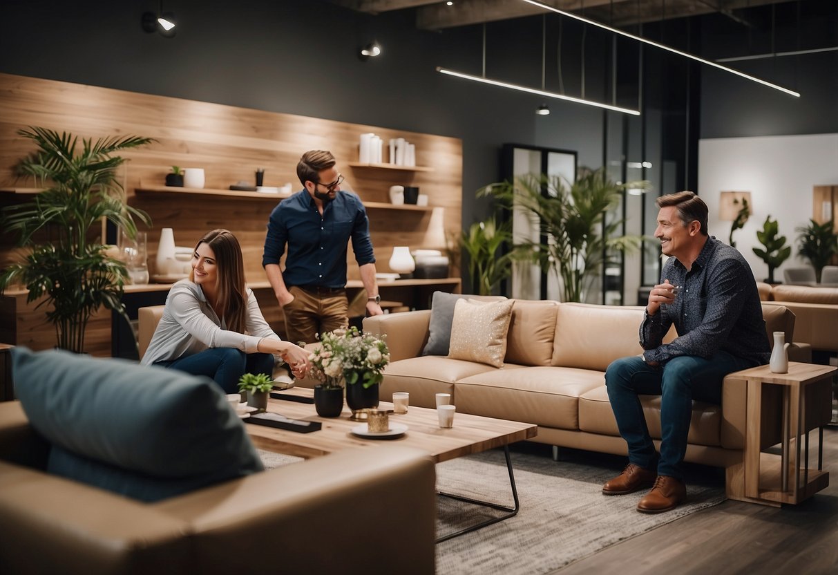 Customers browsing furniture, staff assisting, and engaging with clients in a modern showroom