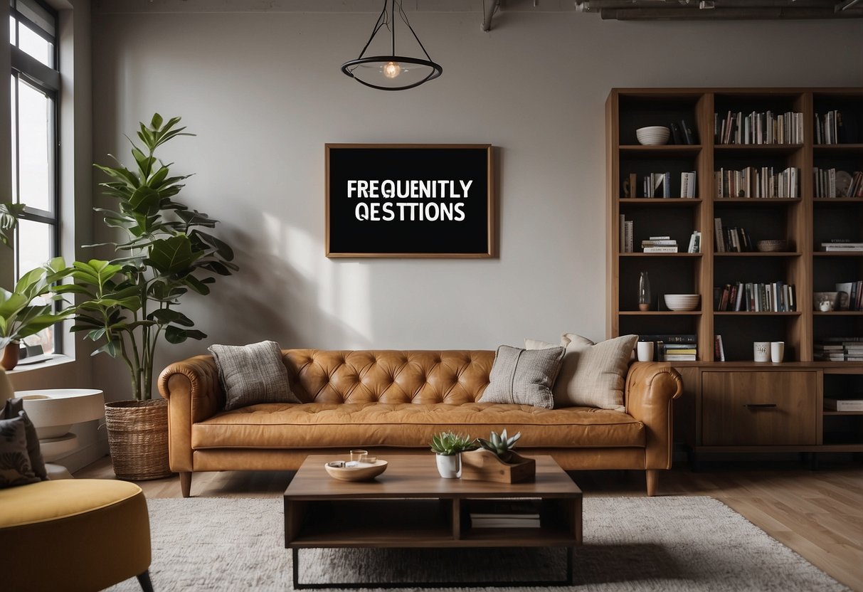 A room with various furniture pieces, including a sofa, coffee table, and bookshelves, with a sign that reads "Frequently Asked Questions fc furniture"