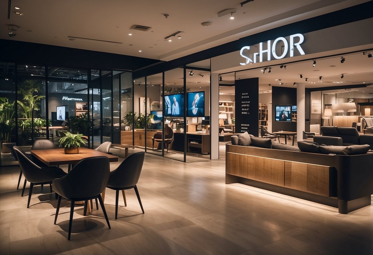 A customer browsing through a display of furniture with a "Frequently Asked Questions" sign in a modern Singaporean furniture store
