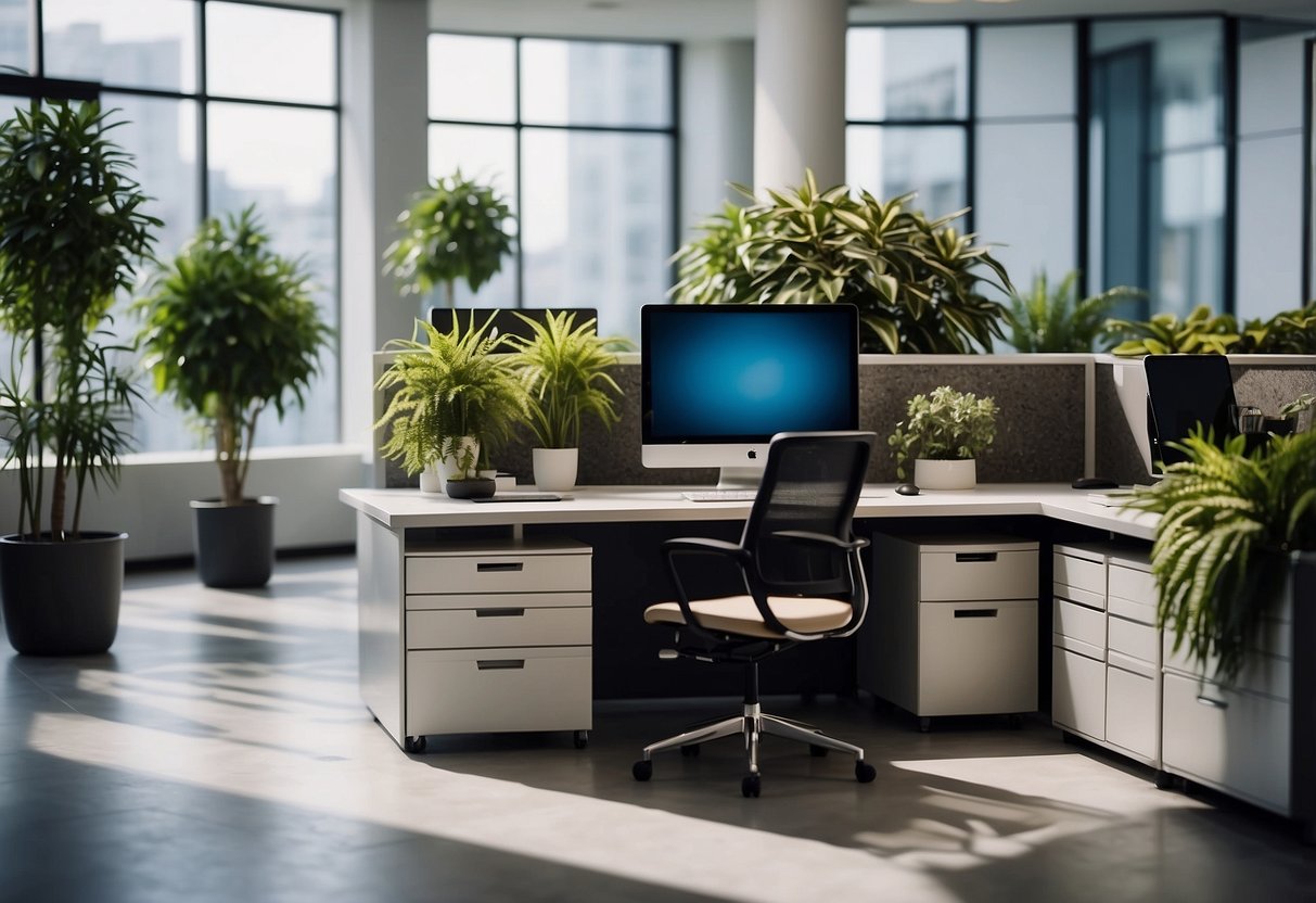 A modern office space with ergonomic furniture, natural lighting, and plants, creating a comfortable and productive work environment
