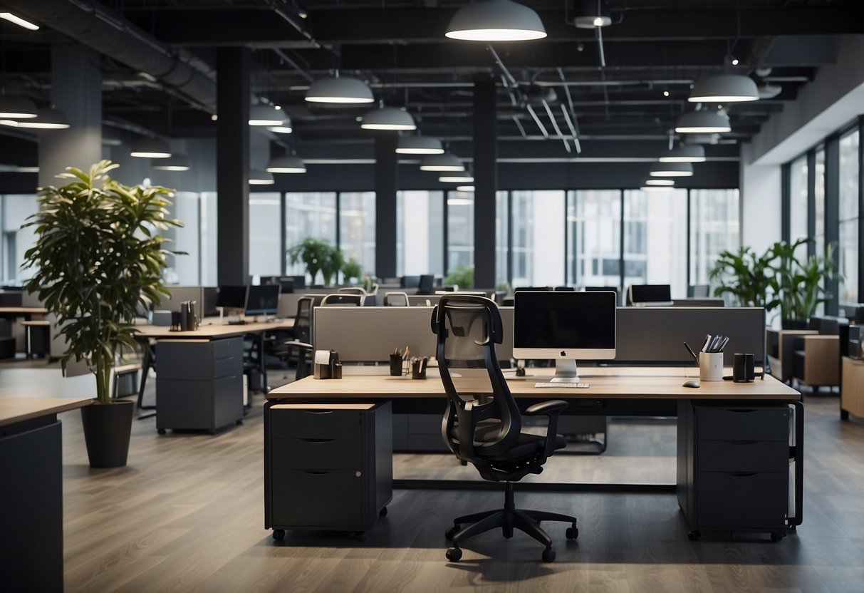 A modern office setting with ergonomic furniture, including desks, chairs, and standing desks. A customer service representative is assisting a client with questions about the products