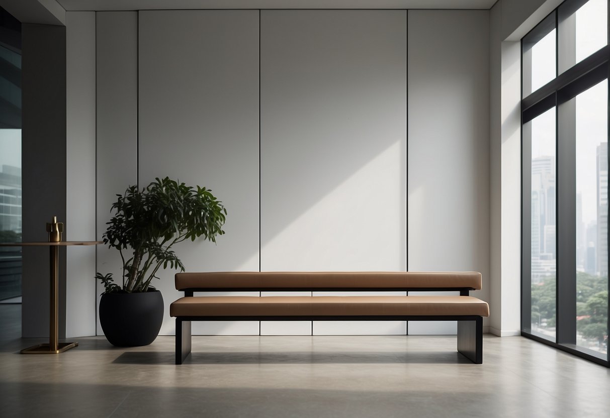 A sleek, modern bench sits in a bright, airy room in Singapore. The minimalist design and clean lines exude a sense of sophistication and elegance