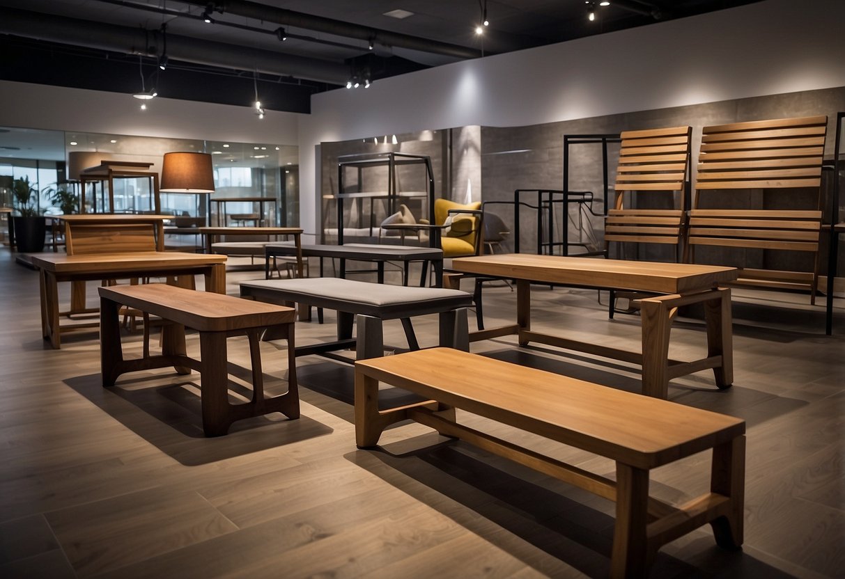 A variety of bench styles and materials are displayed in a showroom in Singapore, showcasing the diverse options available for furniture